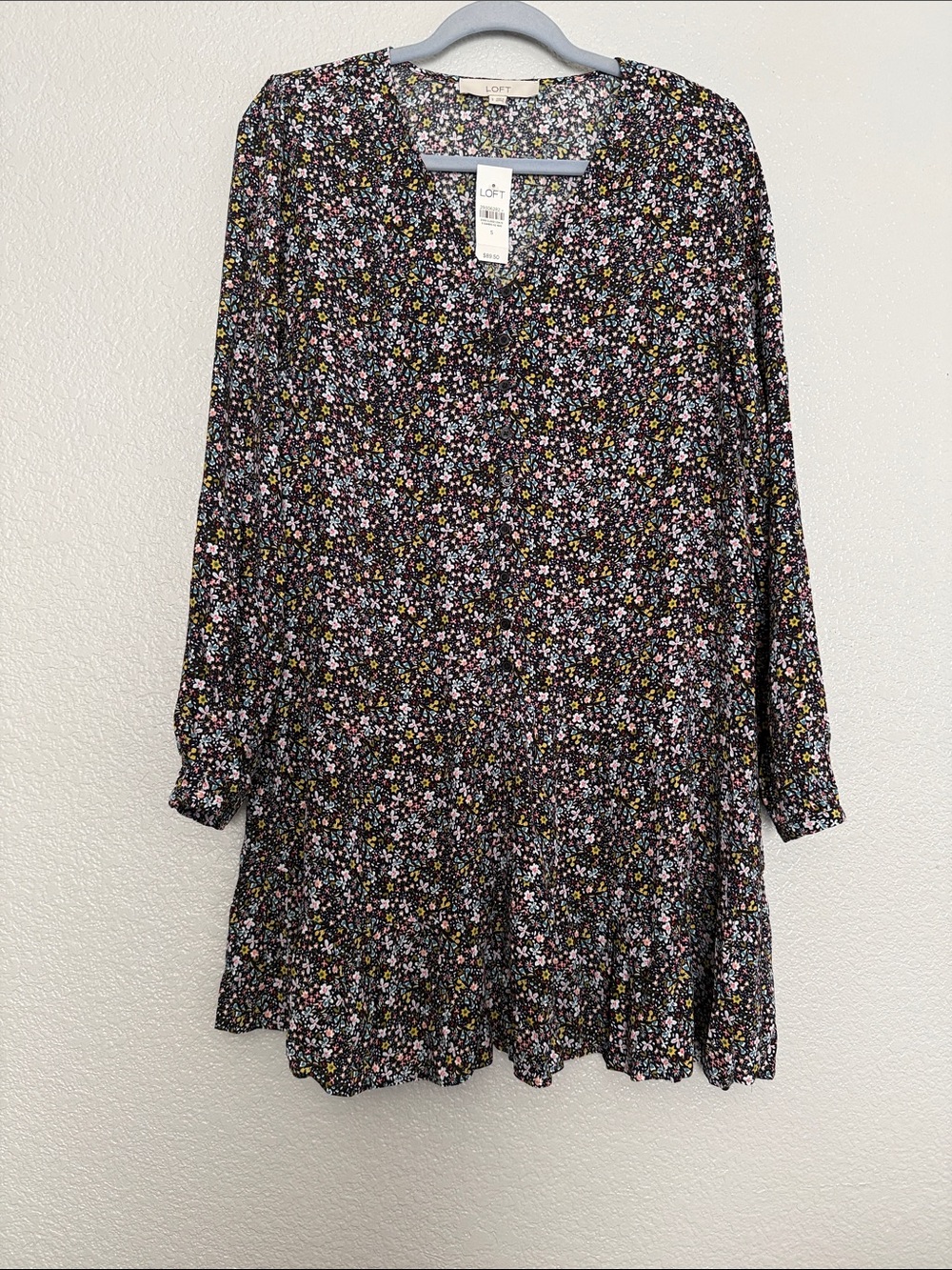 LOFT Black Floral Long Sleeve Tiered Tunic Dress Size Small